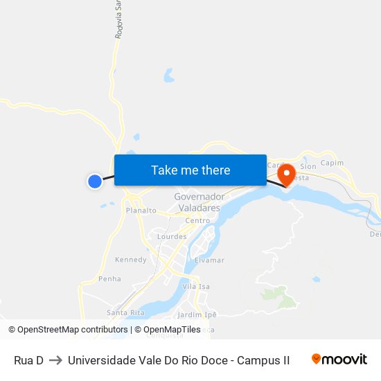 Rua D to Universidade Vale Do Rio Doce - Campus II map