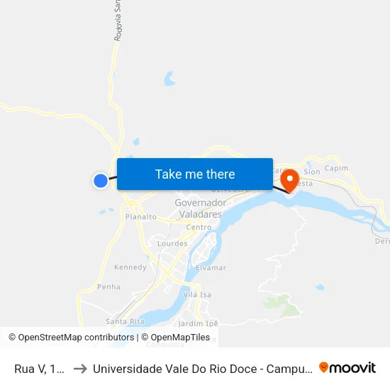 Rua V, 163 to Universidade Vale Do Rio Doce - Campus II map