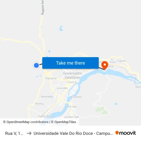 Rua V, 160 to Universidade Vale Do Rio Doce - Campus II map