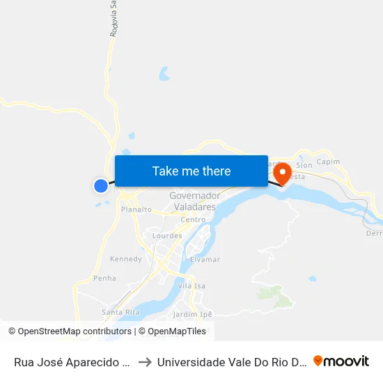 Rua José Aparecido Ramirez, 481 to Universidade Vale Do Rio Doce - Campus II map