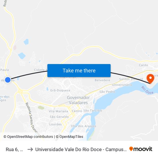 Rua 6, 43 to Universidade Vale Do Rio Doce - Campus II map