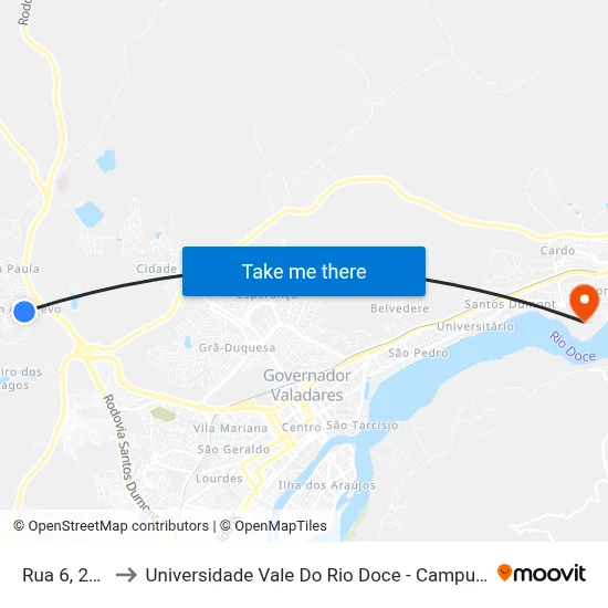 Rua 6, 205 to Universidade Vale Do Rio Doce - Campus II map