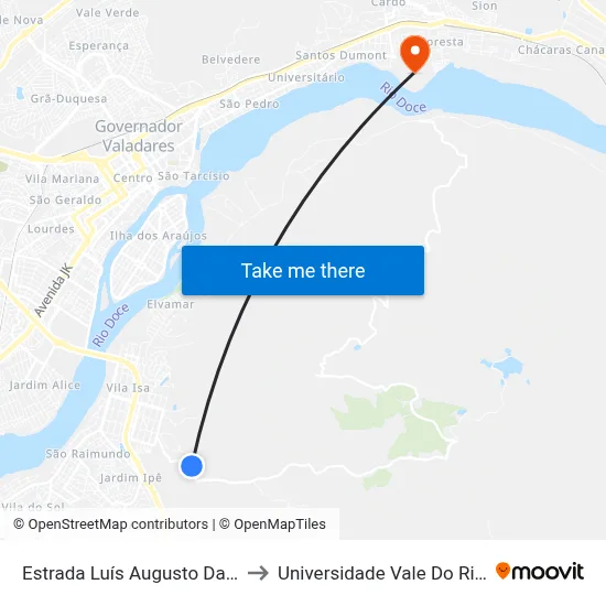 Estrada Luís Augusto Da Silva, Km 0,9 Oeste to Universidade Vale Do Rio Doce - Campus II map