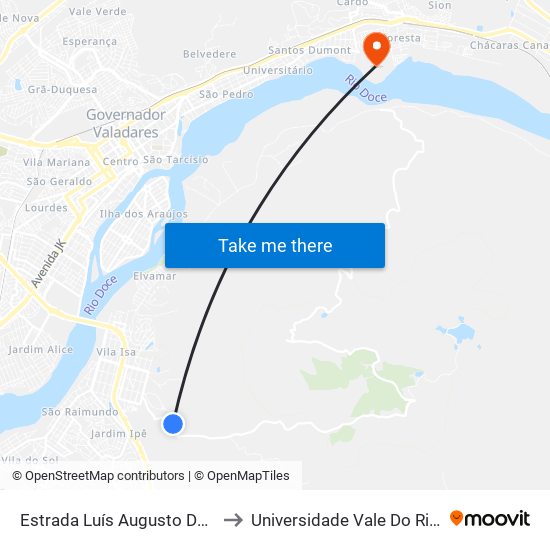 Estrada Luís Augusto Da Silva, Km 0,9 Leste to Universidade Vale Do Rio Doce - Campus II map