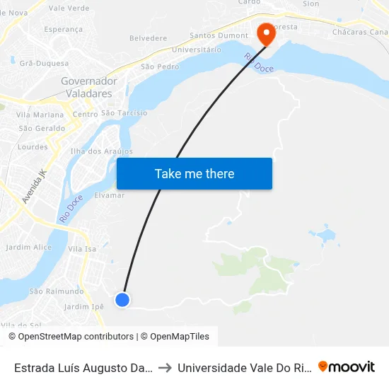 Estrada Luís Augusto Da Silva, Km 0,9 Leste to Universidade Vale Do Rio Doce - Campus II map