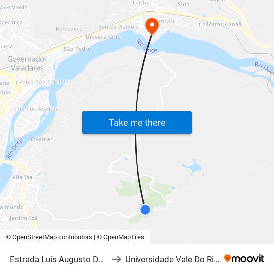 Estrada Luís Augusto Da Silva, Km 4,9 Leste to Universidade Vale Do Rio Doce - Campus II map