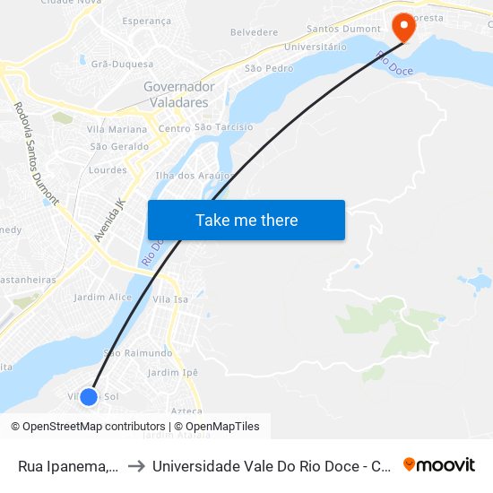 Rua Ipanema, 185 to Universidade Vale Do Rio Doce - Campus II map