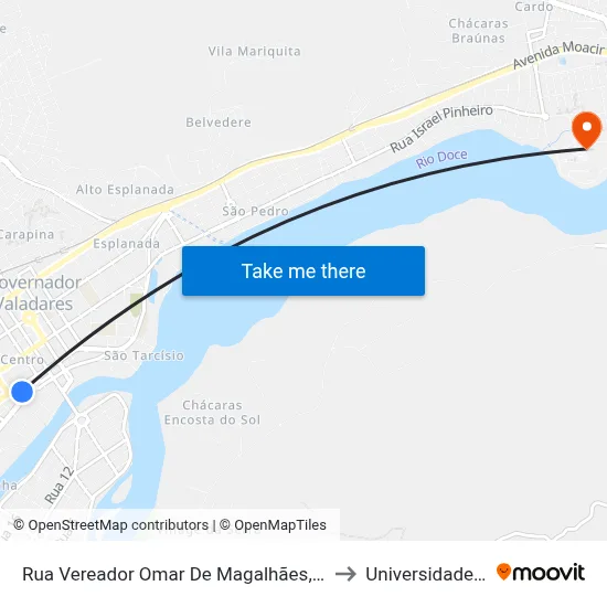 Rua Vereador Omar De Magalhães, 21 | Ponto Final Das Linhas Distritais E Intermunicipais Da Valadarense to Universidade Vale Do Rio Doce - Campus II map