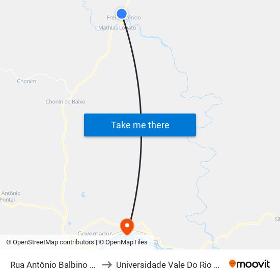 Rua Antônio Balbino Dos Anjos, 30 to Universidade Vale Do Rio Doce - Campus II map