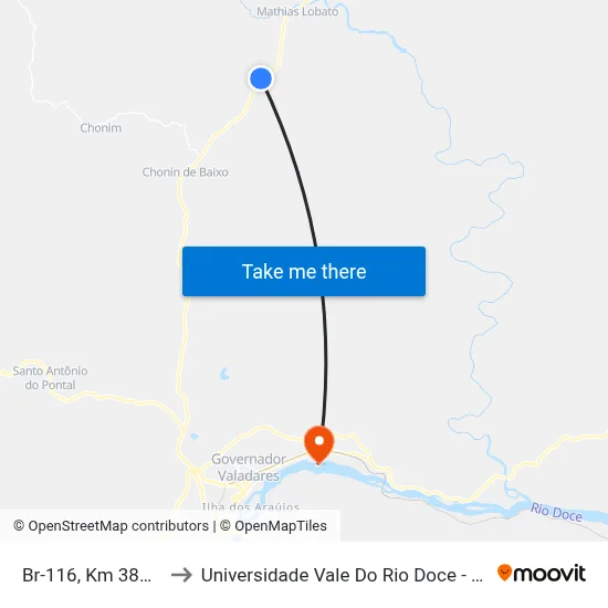 Br-116, Km 380,9 Sul to Universidade Vale Do Rio Doce - Campus II map