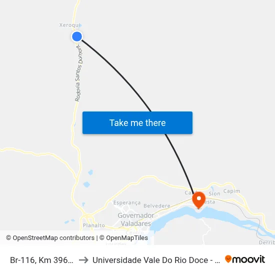 Br-116, Km 396 Norte to Universidade Vale Do Rio Doce - Campus II map