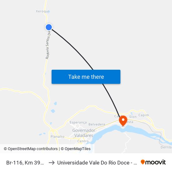 Br-116, Km 397,1 Sul to Universidade Vale Do Rio Doce - Campus II map