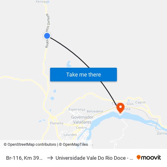 Br-116, Km 399,4 Sul to Universidade Vale Do Rio Doce - Campus II map