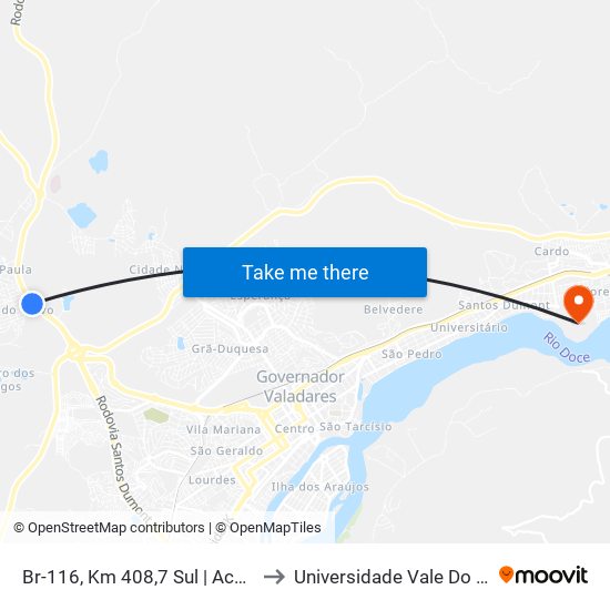 Br-116, Km 408,7 Sul | Acesso Ao Jardim Do Trevo to Universidade Vale Do Rio Doce - Campus II map