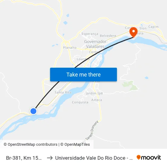 Br-381, Km 153,1 Sul to Universidade Vale Do Rio Doce - Campus II map