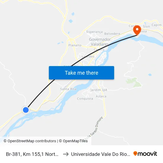 Br-381, Km 155,1 Norte | Rancho Glória to Universidade Vale Do Rio Doce - Campus II map