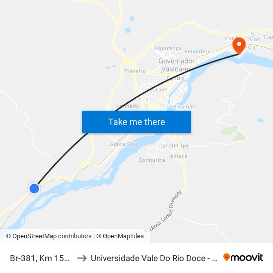 Br-381, Km 156,6 Sul to Universidade Vale Do Rio Doce - Campus II map