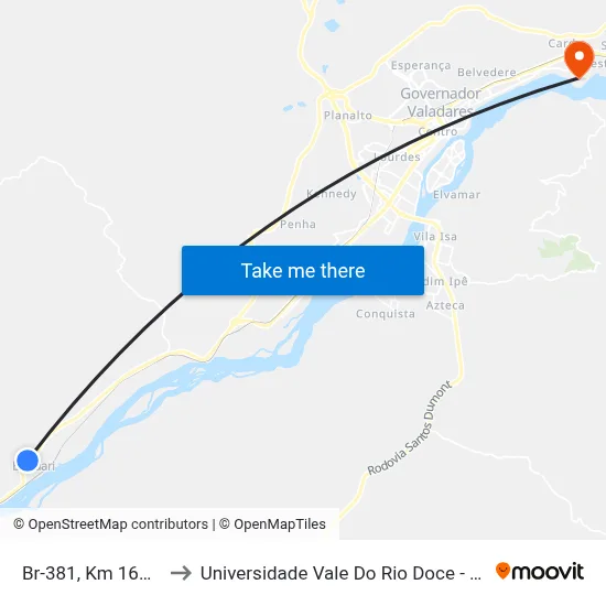 Br-381, Km 160,8 Sul to Universidade Vale Do Rio Doce - Campus II map