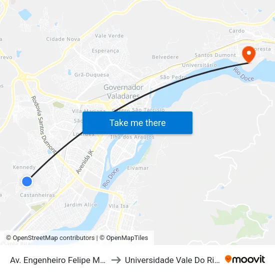 Av. Engenheiro Felipe Moreira Caldas, 1301 to Universidade Vale Do Rio Doce - Campus II map