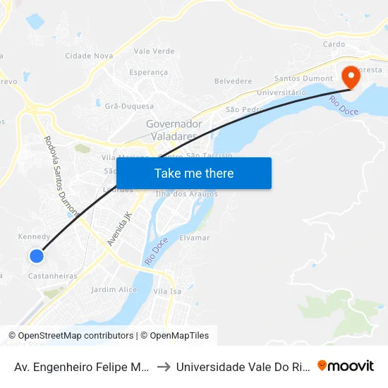 Av. Engenheiro Felipe Moreira Caldas, 1300 to Universidade Vale Do Rio Doce - Campus II map