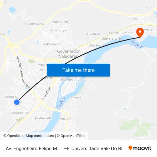 Av. Engenheiro Felipe Moreira Caldas, 1101 to Universidade Vale Do Rio Doce - Campus II map