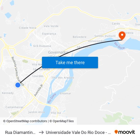 Rua Diamantina, 200 to Universidade Vale Do Rio Doce - Campus II map