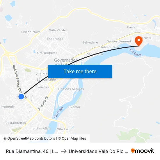 Rua Diamantina, 46 | Lagoa Do Pérola to Universidade Vale Do Rio Doce - Campus II map