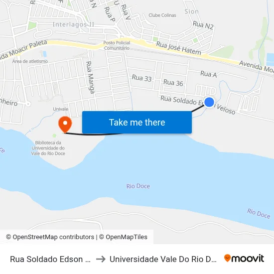 Rua Soldado Edson Veloso, 415 to Universidade Vale Do Rio Doce - Campus II map