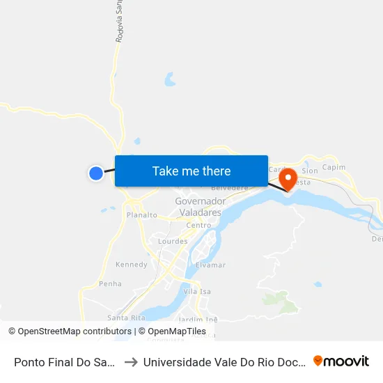 Ponto Final Do Santa Paula to Universidade Vale Do Rio Doce - Campus II map