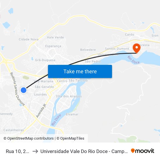 Rua 10, 255 to Universidade Vale Do Rio Doce - Campus II map