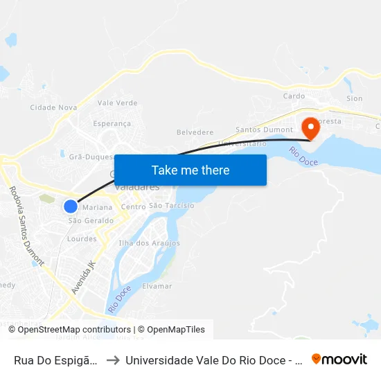 Rua Do Espigão, 387 to Universidade Vale Do Rio Doce - Campus II map