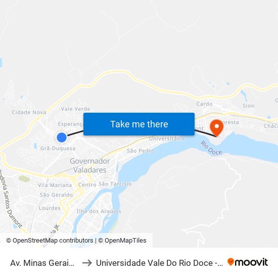 Av. Minas Gerais, 2355 to Universidade Vale Do Rio Doce - Campus II map