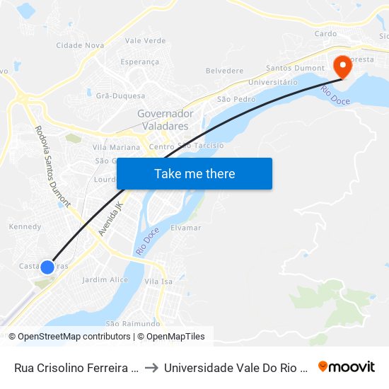 Rua Crisolino Ferreira Da Costa, 112 to Universidade Vale Do Rio Doce - Campus II map