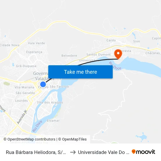 Rua Bárbara Heliodora, S/N - Governador Valadares to Universidade Vale Do Rio Doce - Campus II map
