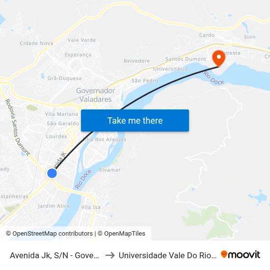 Avenida Jk, S/N - Governador Valadares to Universidade Vale Do Rio Doce - Campus II map