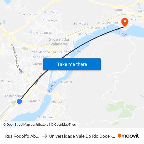 Rua Rodolfo Abreu, 15 to Universidade Vale Do Rio Doce - Campus II map