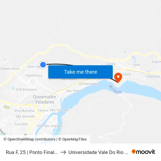 Rua F, 25 | Ponto Final Do Vale Verde to Universidade Vale Do Rio Doce - Campus II map