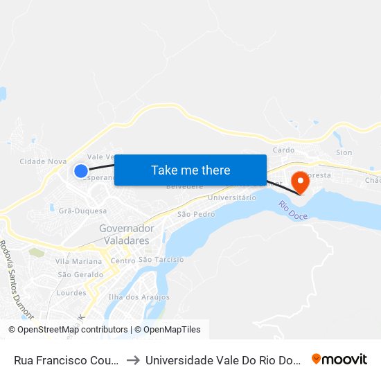 Rua Francisco Coutinho, 552 to Universidade Vale Do Rio Doce - Campus II map