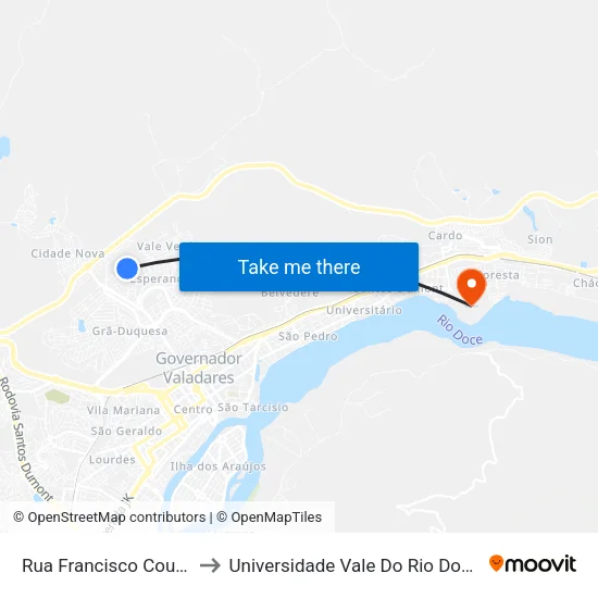 Rua Francisco Coutinho, 552 to Universidade Vale Do Rio Doce - Campus II map