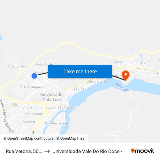 Rua Verona, 50 | Bnh to Universidade Vale Do Rio Doce - Campus II map