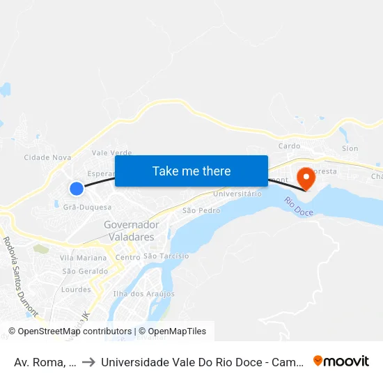 Av. Roma, 74 to Universidade Vale Do Rio Doce - Campus II map