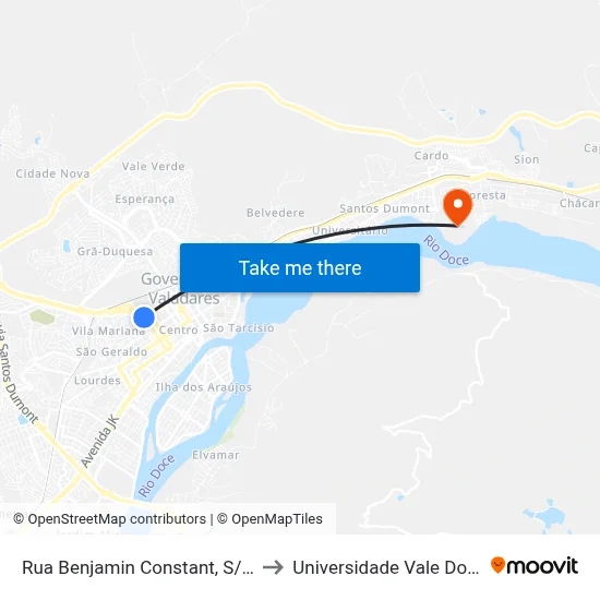 Rua Benjamin Constant, S/N - Governador Valadares to Universidade Vale Do Rio Doce - Campus II map