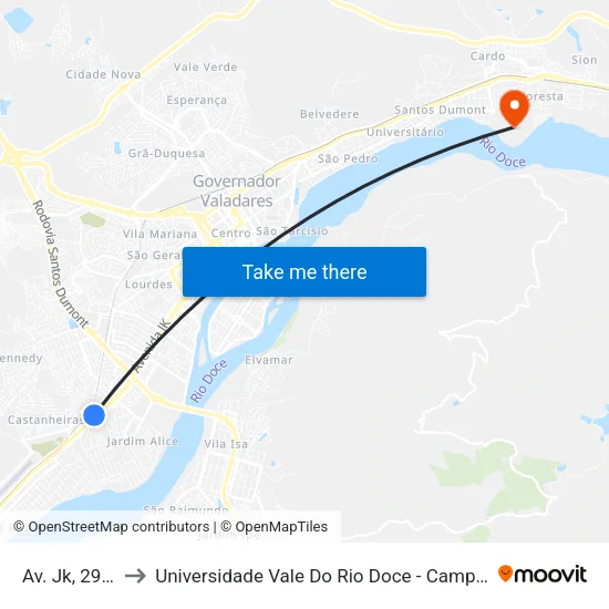 Av. Jk, 2906 to Universidade Vale Do Rio Doce - Campus II map