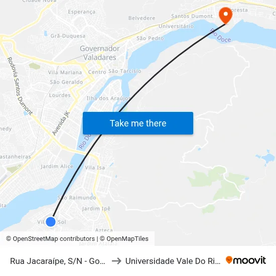 Rua Jacaraípe, S/N - Governador Valadares to Universidade Vale Do Rio Doce - Campus II map