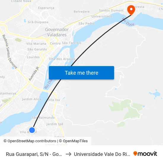 Rua Guarapari, S/N - Governador Valadares to Universidade Vale Do Rio Doce - Campus II map