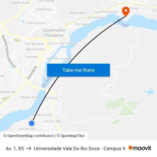Avenida 1, S/N - Governador Valadares to Universidade Vale Do Rio Doce - Campus II map