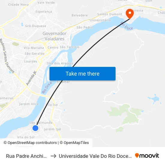 Rua Padre Anchieta, S/N - Governador Valadares to Universidade Vale Do Rio Doce - Campus II map