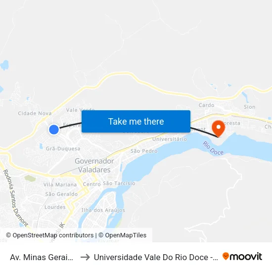 Av. Minas Gerais, 2850 to Universidade Vale Do Rio Doce - Campus II map