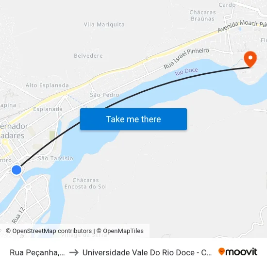 Rua Peçanha, 105 to Universidade Vale Do Rio Doce - Campus II map
