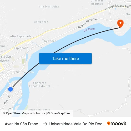 Avenida São Francisco, 715 to Universidade Vale Do Rio Doce - Campus II map